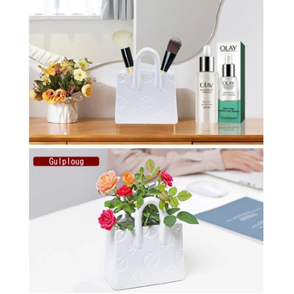 Handbag Ceramic Vase - Purse Shaped Vase w/ Clover Embossed Design